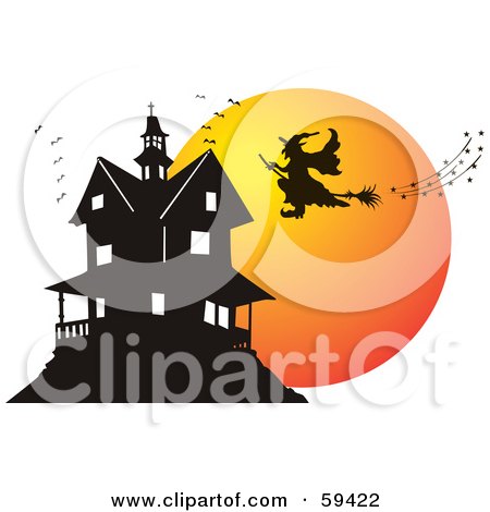 Royalty-Free (RF) Clipart Illustration of a Silhouetted Witch Flying Towards A Haunted House At Dusk by pauloribau