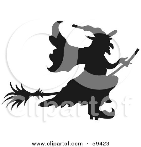 Royalty-Free (RF) Clipart Illustration of a Silhouetted Wicked Witch In Profile, Flying On Her Broomstick by pauloribau