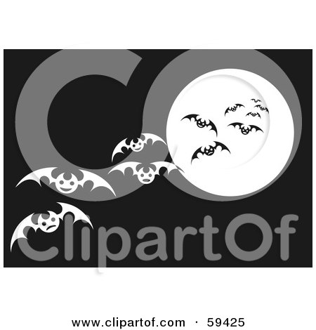 Royalty-Free (RF) Clipart Illustration of a Swarm Of White Vampire Bats Flying In Front Of A Full Moon In A Dark Brown Sky by pauloribau