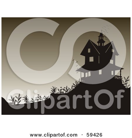 Royalty-Free (RF) Clipart Illustration of a Silhouetted Haunted House On A Hill, With Vampire Bats Flying Above The Roof Top by pauloribau