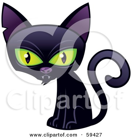 Royalty-Free (RF) Clipart Illustration of a Scrawny Black Cat With Green Eyes, Fangs And A Cut In His Ear by John Schwegel