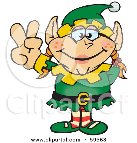 Royalty-Free (RF) Clipart Illustration of a Peaceful Female Christmas Elf Gesturing The Peace Sign by Dennis Holmes Designs
