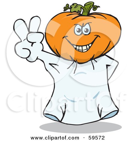 Royalty-Free (RF) Clipart Illustration of a Peaceful Ghost With A Pumpkin Head Gesturing The Peace Sign by Dennis Holmes Designs