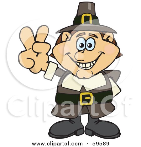 Royalty-Free (RF) Clipart Illustration of a Male Pilgrim Giving A Peace Hand Gesture by Dennis Holmes Designs
