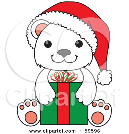 Royalty-Free (RF) Clipart Illustration of a Christmas Polar Bear Cub Wearing A Santa Hat And Sitting With A Present by Rosie Piter