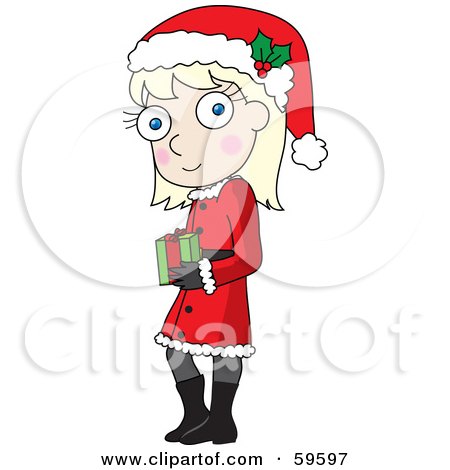 Royalty-Free (RF) Clipart Illustration of a Shy Blond Christmas Girl Wearing A Santa Hat And Carrying A Gift by Rosie Piter