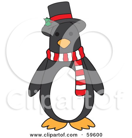 Royalty-Free (RF) Clipart Illustration of a Cute Christmas Penguin Wearing A Holly Hat And Scarf by Rosie Piter