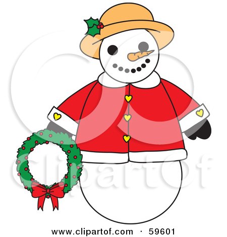 Royalty-Free (RF) Clipart Illustration of a Chubby And Frendly Snowman In A Warm Coat And Hat, Holding A Wreath by Rosie Piter
