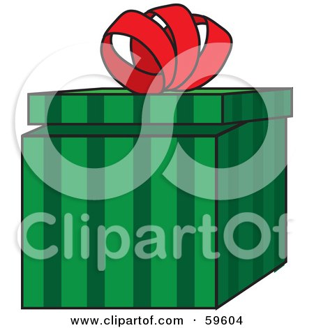 Royalty-Free (RF) Clipart Illustration of a Partially Opened Green Striped Gift Box With A Curly Red Bow by Rosie Piter