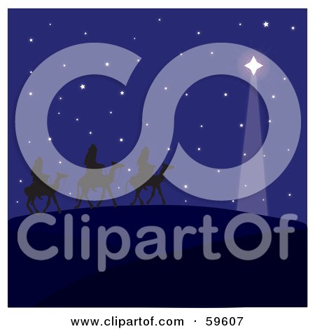 Royalty-Free (RF) Clipart Illustration of The Three Wise Men Silhouetted Under A Blue Sky With The North Star by Rosie Piter