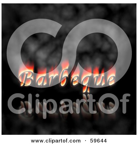 Royalty-Free (RF) Clipart Illustration of a Flaming Barbeque Word Over Smoke And A Black Reflective Background by oboy