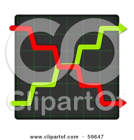 Royalty-Free (RF) Clipart Illustration of Crossing Red And Green Up And Down Arrows On A Graph by oboy