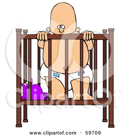 Royalty-Free (RF) Clipart Illustration of a Baby In A Diaper, Standing Up In A Crib by djart