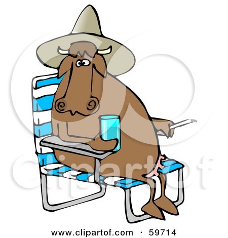 Royalty-Free (RF) Clipart Illustration of a Brown Cow Sitting In A Chair, Wearing A Hat And Holding A Drink by djart