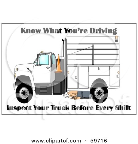 Royalty-Free (RF) Clipart Illustration of a Worker Kneeling To Inspect The Bottom Of His Work Truck by djart