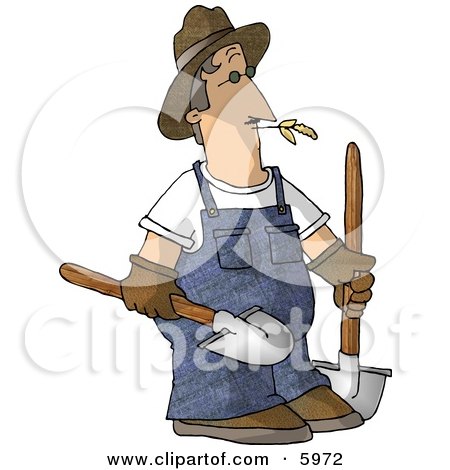 Farmer Carrying Two Rounded Tip Shovels Clipart Picture by djart