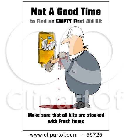 Royalty-Free (RF) Clipart Illustration of a Bleeding Man Trying To Find The Right First Aid Products by djart