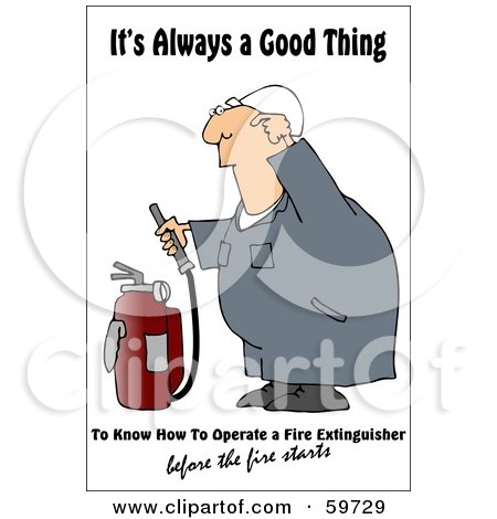 Royalty-Free (RF) Clipart Illustration of a Worker Man Trying To Figure Out How To Use A Fire Extinguisher by djart