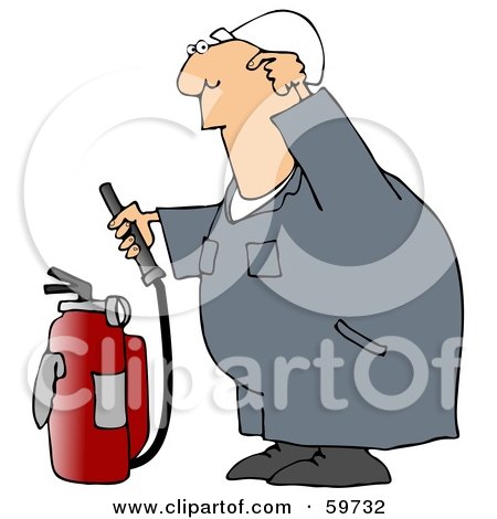 Royalty-Free (RF) Clipart Illustration of an Industrial Worker Trying To Use A Fire Extinguisher by djart
