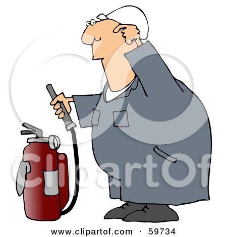 Royalty-Free (RF) Clipart Illustration of an Industrial Worker Trying To Figure How To Use A Fire Extinguisher by djart