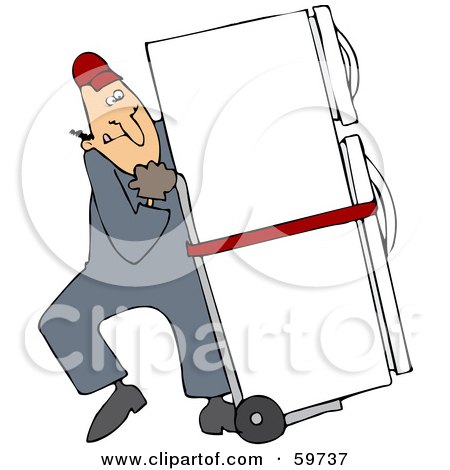 Royalty-Free (RF) Clipart Illustration of a Worker Man Delivering A Refrigerator On A Dolly by djart