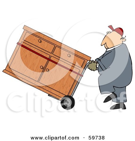 Royalty-Free (RF) Clipart Illustration of a Worker Man Delivering A Dresser On A Dolly by djart