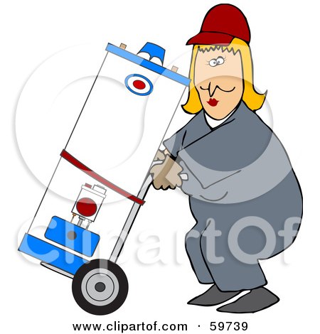 Royalty-Free (RF) Clipart Illustration of a Worker Woman Delivering A Water Heater On A Dolly by djart