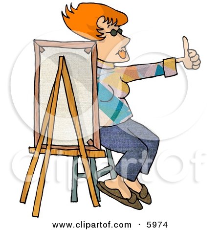 Female Painter Sitting Behind a Canvas While Holding Her Thumb Up Clipart Picture by djart