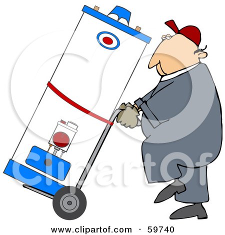 Royalty-Free (RF) Clipart Illustration of a Worker Man Delivering A Water Heater On A Dolly by djart