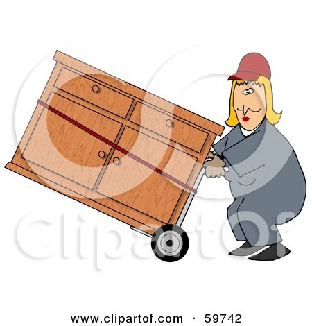 Royalty-Free (RF) Clipart Illustration of a Worker Woman Delivering A Dresser On A Dolly by djart