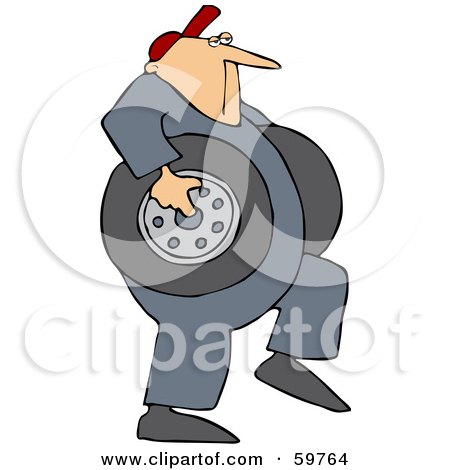 Royalty-Free (RF) Clipart Illustration of a Mechanic Carrying Two Heavy Tires by djart