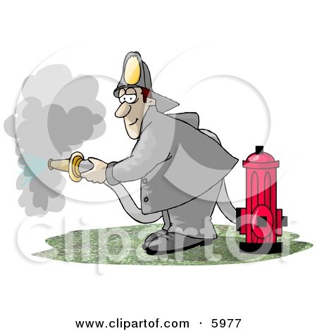 Fireman Spraying Water from a Hose Attached to a Fire Hydrant Clipart Picture by djart