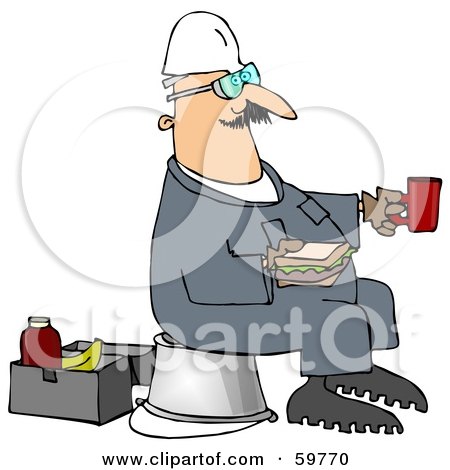 Royalty-Free (RF) Clipart Illustration of a Male Worker Sitting On A Pail And Eating A Sandwich At Break Time by djart