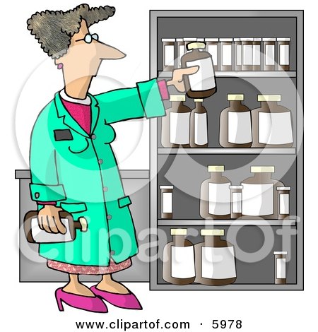 Female Pharmacist Restocking the Shelves with Bottles of Medicine and Drugs Clipart Picture by djart