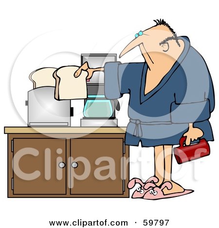 Royalty-Free (RF) Clipart Illustration of a Sleepy Man In A Robe, Preparing Coffee And Toast In His Kitchen by djart