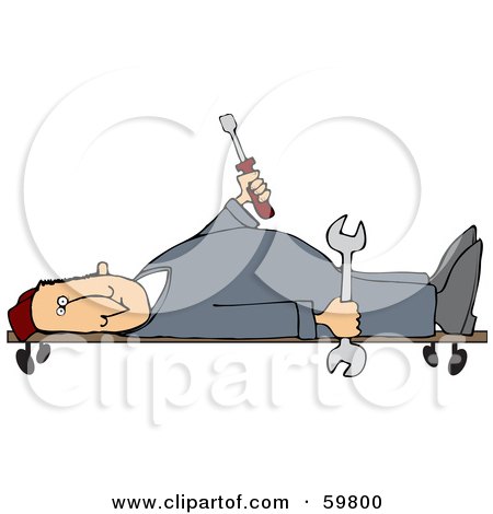Royalty-Free (RF) Clipart Illustration of a Male Mechanic Laying On A Creeper And Holding Tools by djart