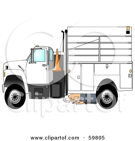 Royalty-Free (RF) Clipart Illustration of a Kneeling Man Inspecting The Underside Of His Work Truck by djart