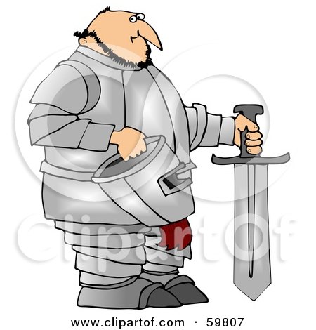 Royalty-Free (RF) Clipart Illustration of a Chubby Knight In Silver Armor, Holding A Sword And Helmet by djart