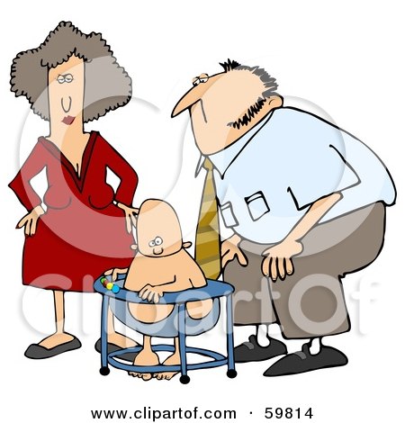 Royalty-Free (RF) Clipart Illustration of a Mom And Dad Watching Their Baby Play In A Bouncer by djart