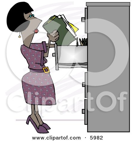 African American Female Clerk Putting Documents Into a Filing Cabinet Clipart Picture by djart