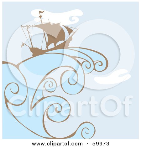 Royalty-Free (RF) Clipart Illustration of a Silhouetted Sailing Ship On A Giant Wave Over A Blue Sky by xunantunich