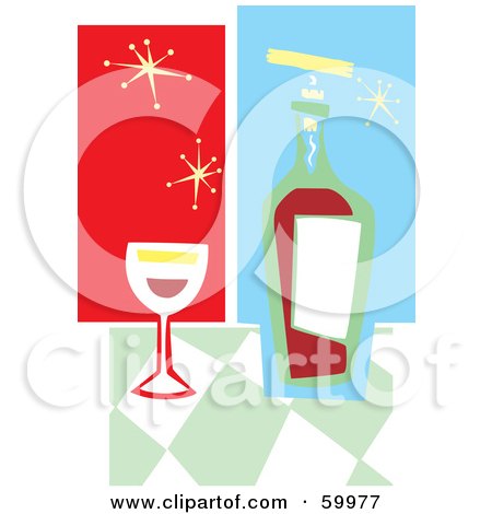 Royalty-Free (RF) Clipart Illustration of a Glass Of Red Wine By A Bottle On A Green Checkered Counter by xunantunich