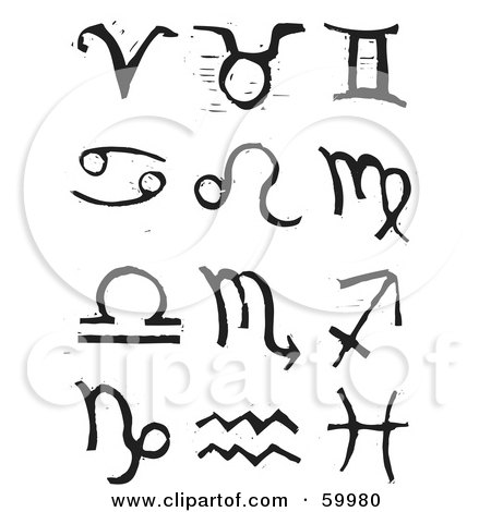 Royalty-Free (RF) Clipart Illustration of a Digital Collage Of Carved Black And White Zodiac Symbols by xunantunich