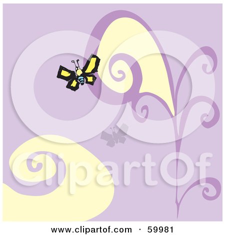 Royalty-Free (RF) Clipart Illustration of a Yellow Butterfly On A Purple Floral Background by xunantunich