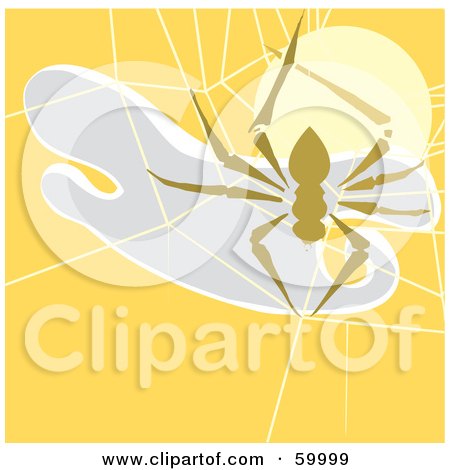 Royalty-Free (RF) Clipart Illustration of a Brown Spider Hanging In Front Of A Spiderweb Over Yellow by xunantunich