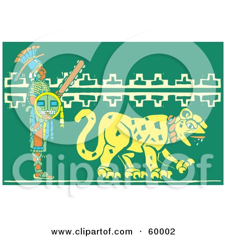 Royalty-Free (RF) Clipart Illustration of a Mayan Warrior Walking Behind A Jaguar by xunantunich