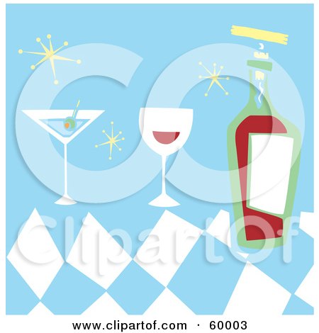 Royalty-Free (RF) Clipart Illustration of a Martini And A Glass And Bottle Of Red Wine On Blue by xunantunich