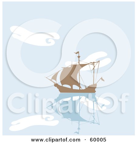 Royalty-Free (RF) Clipart Illustration of a Silhouetted Brown Ship On Still Blue Water With Cloud Reflections by xunantunich