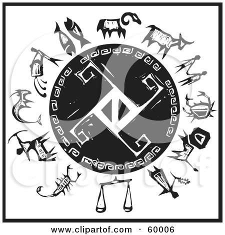 Royalty-Free (RF) Clipart Illustration of a Black And White Wheel Of The Zodiac With A Shield by xunantunich