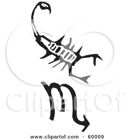 Royalty-Free (RF) Clipart Illustration of a Black And White Carved Scorpio And Zodiac Symbol by xunantunich